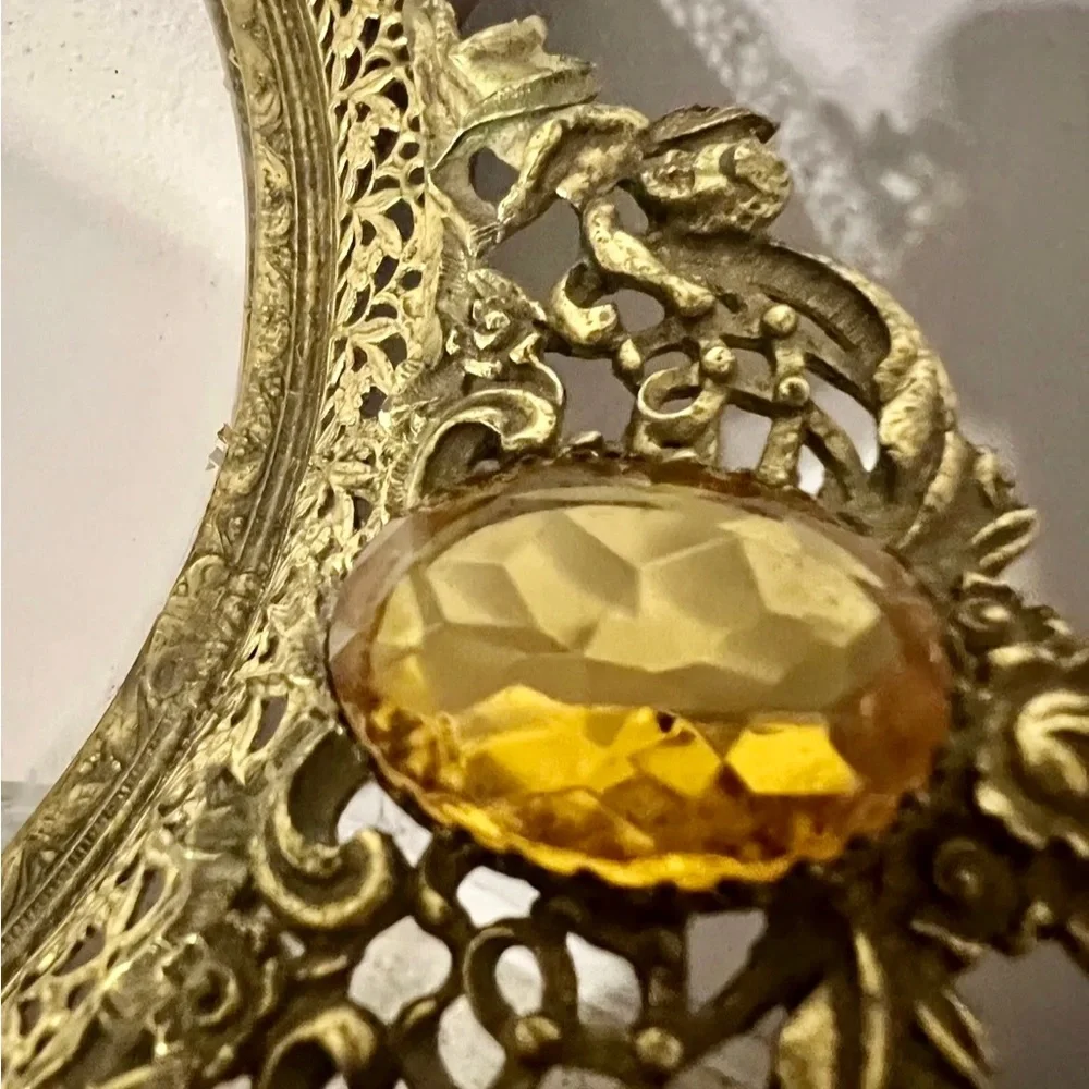 Vtg Gold Ornate Mirror Vanity Tray W/Cherubs & Lg Two Yellow Jewels Velvet Back